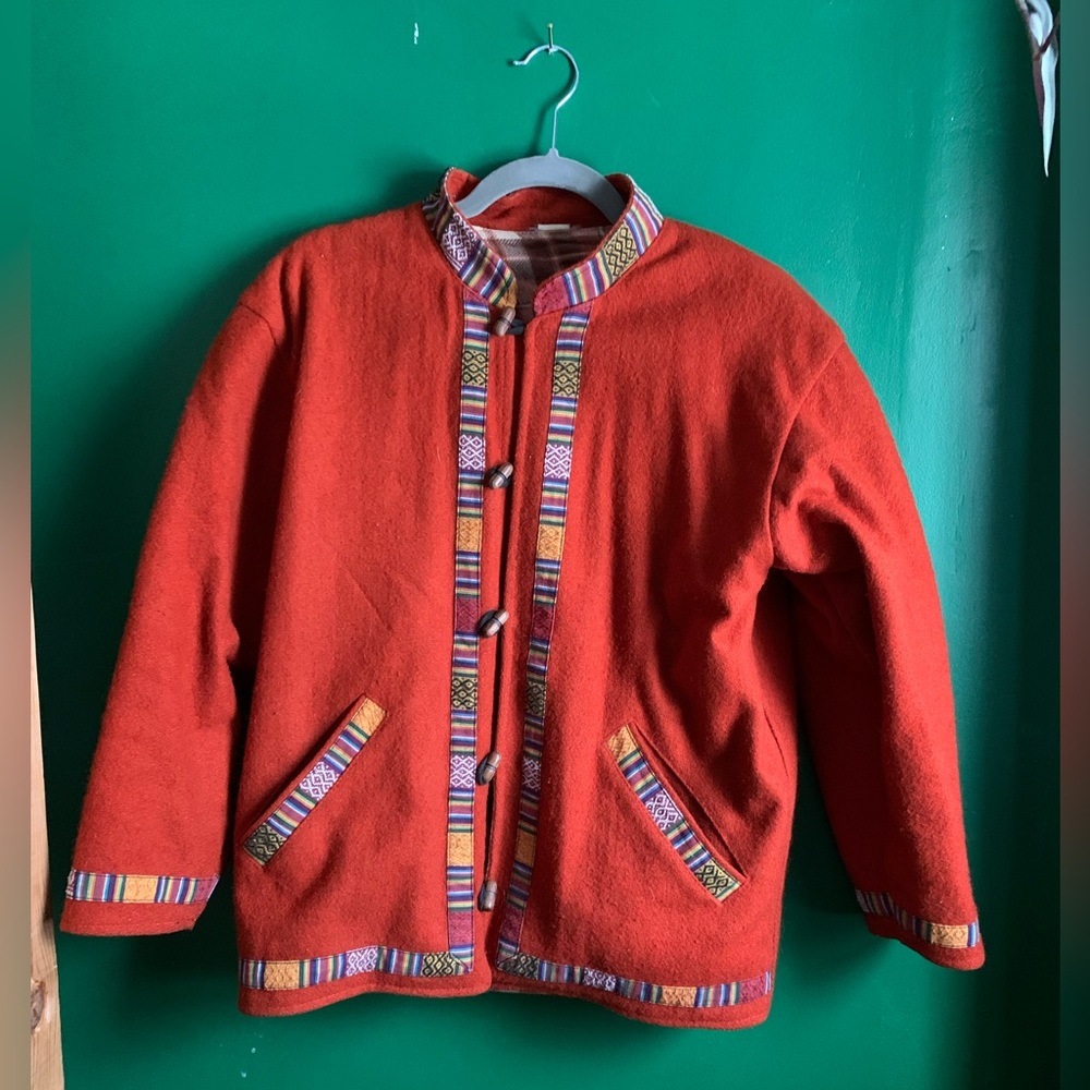 Flannel lined round collar rust wool jacket